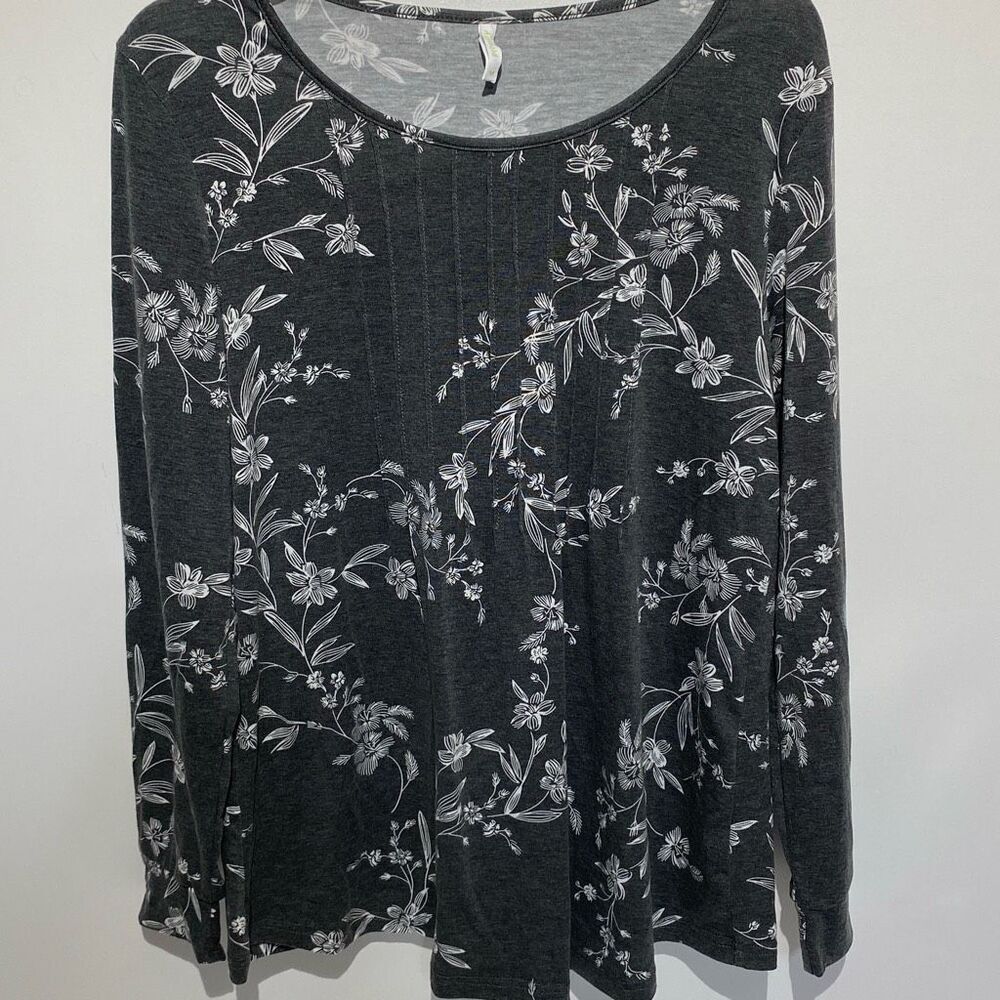 Anyhold Women's Gray White Floral Pleated Long Sleeve Blouse Size‎ Medium